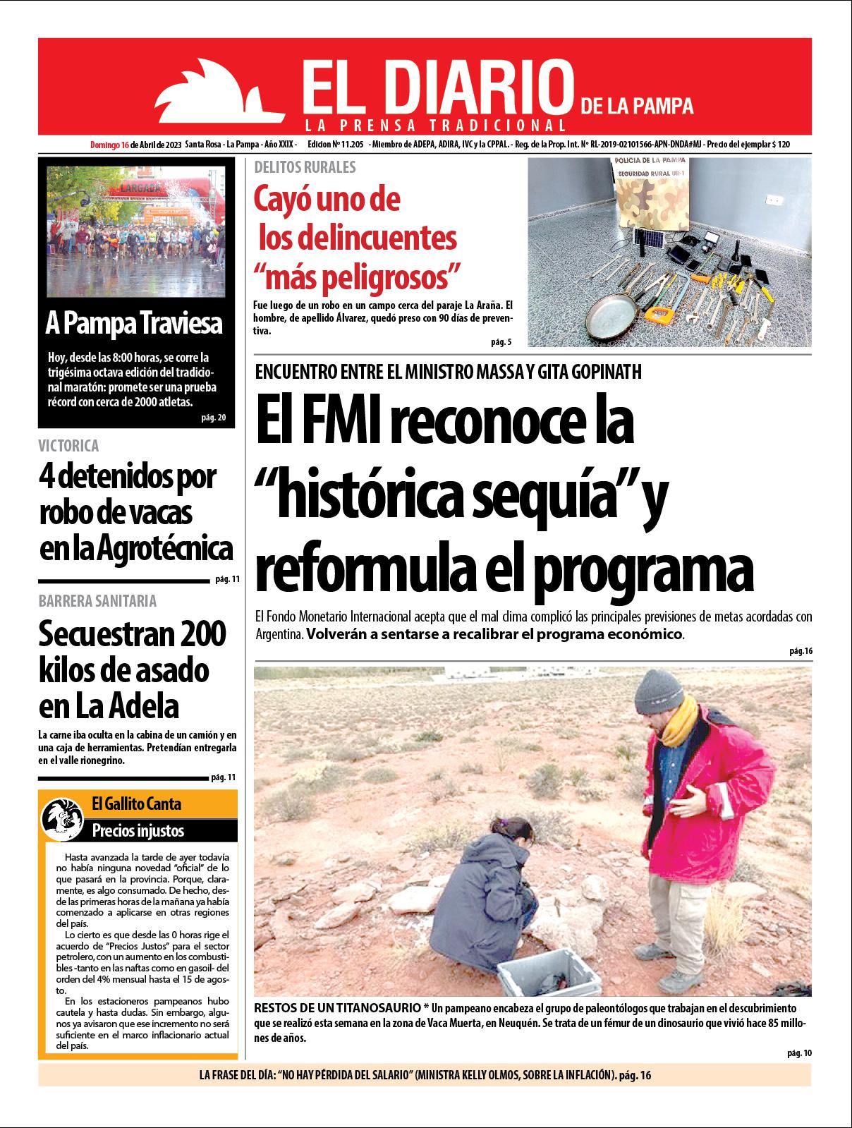 Tapa de El Diario en papel  domingo 16 de abril de 2023